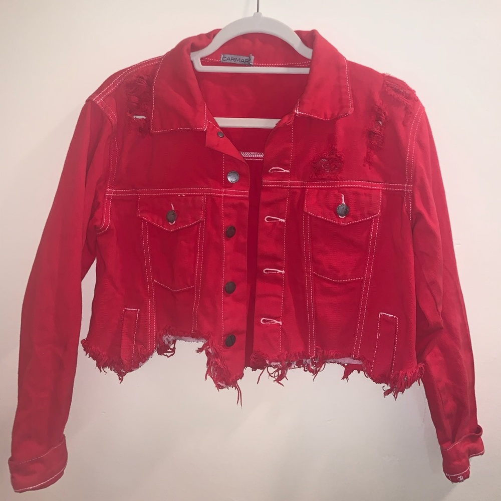super cute red cropped denim jacket
